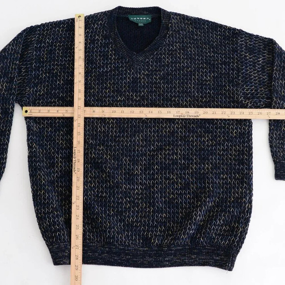 Vintage Tundra Canada Navy Threaded Knit 3D Eclectic Grandpa V Neck Sweater XL - Picture 3 of 11